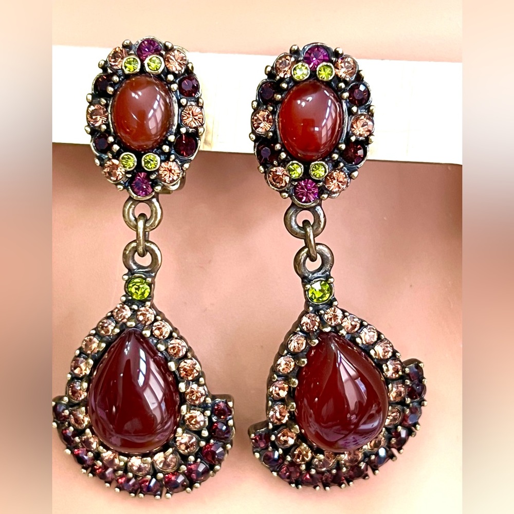 Heidi Daus CLIP Vintage carnelian/crystal drop earrings